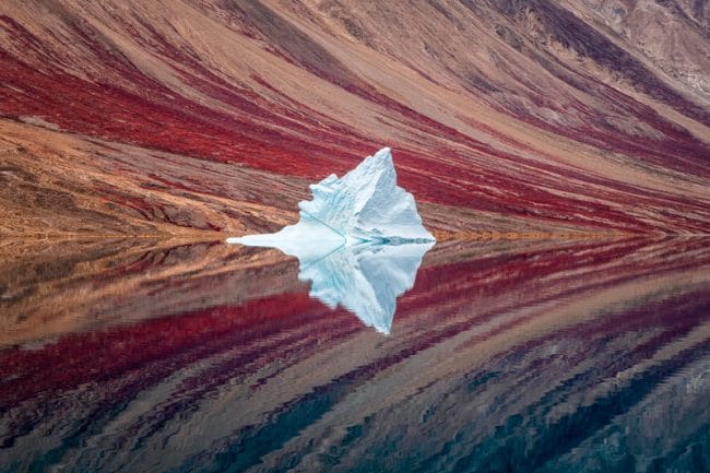  L’image d’un iceberg solitaire adossé aux parois d’un fjord dans un parc national au nord-est du Groenland. L’iceberg et le paysage environnant se reflètent parfaitement dans les eaux cristallines de la rivière et offrent le spectacle d’une photographie picturale et abstraite. – © Craig McGowan, Australia, Winner, Open, Landscape, 2020 Sony World Photography Awards