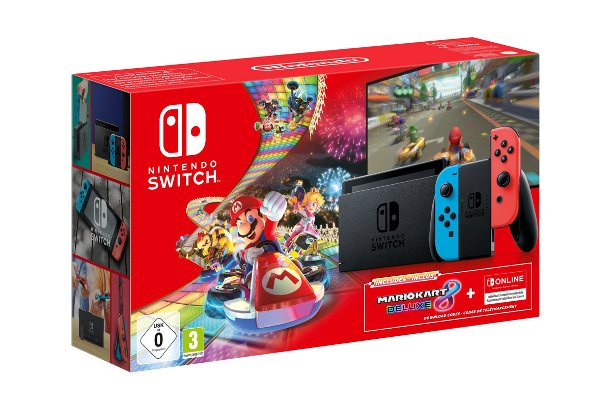 Le pack  Nintendo Switch avec Mario Kart 8 Deluxe et un abonnement Nintendo Switch Online.