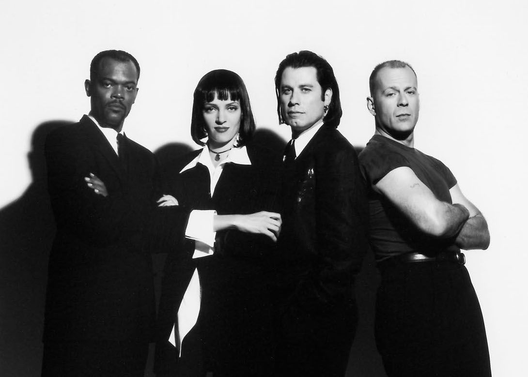 Le casting cinq étoiles de Pulp Fiction avec : Samuel L. Jackson, Uma Thurman, John Travolta, et Bruce Willis