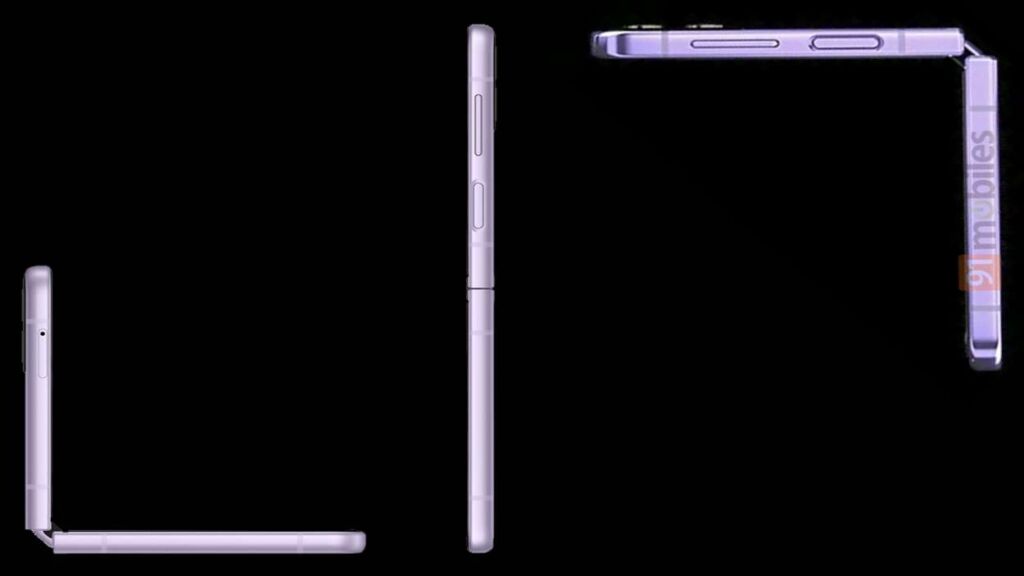 Comparaison en images du Galaxy Z Flip 3 lavande (à gauche) et du potentiel Galaxy Z Flip 4 violet (à droite).