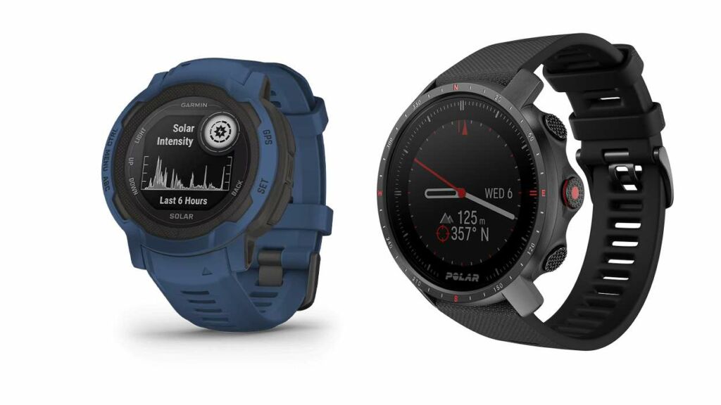 Deux smartwatches dédiées aux sports outdoor : la Garmin Instinct 2 (à gauche) et la Polar Grit X Pro (à droite).
