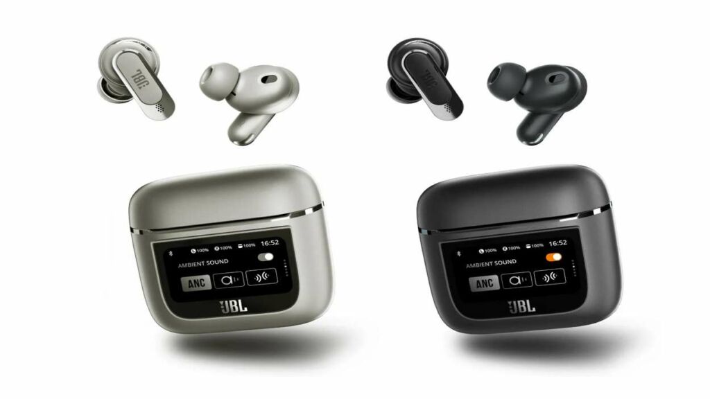 Les écouteurs sans-fil JBL Tour Pro 2 dans leurs deux coloris avec leur boîtier intelligent.