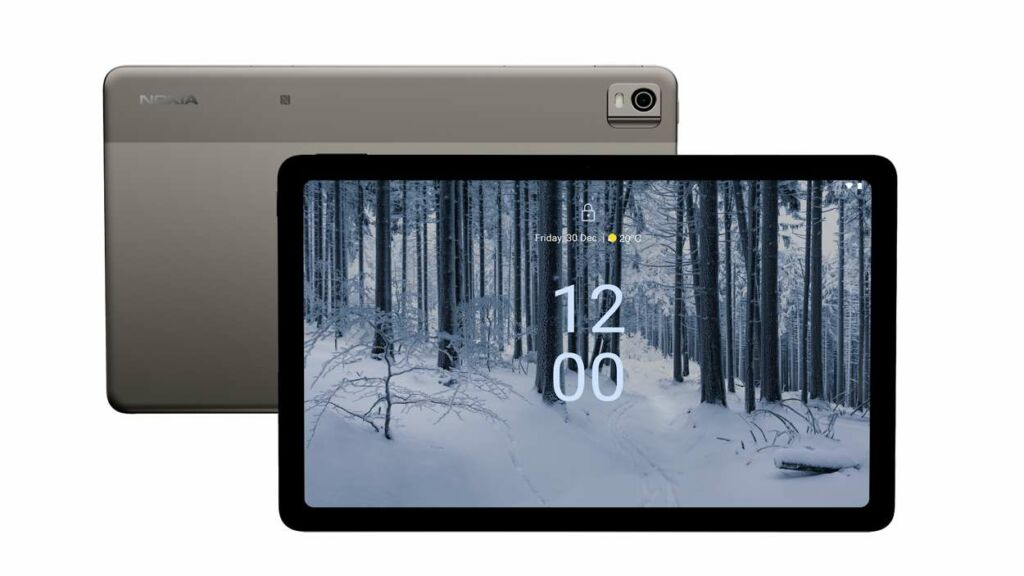 La tablette Nokia T21 dans son coloris gris anthracite.