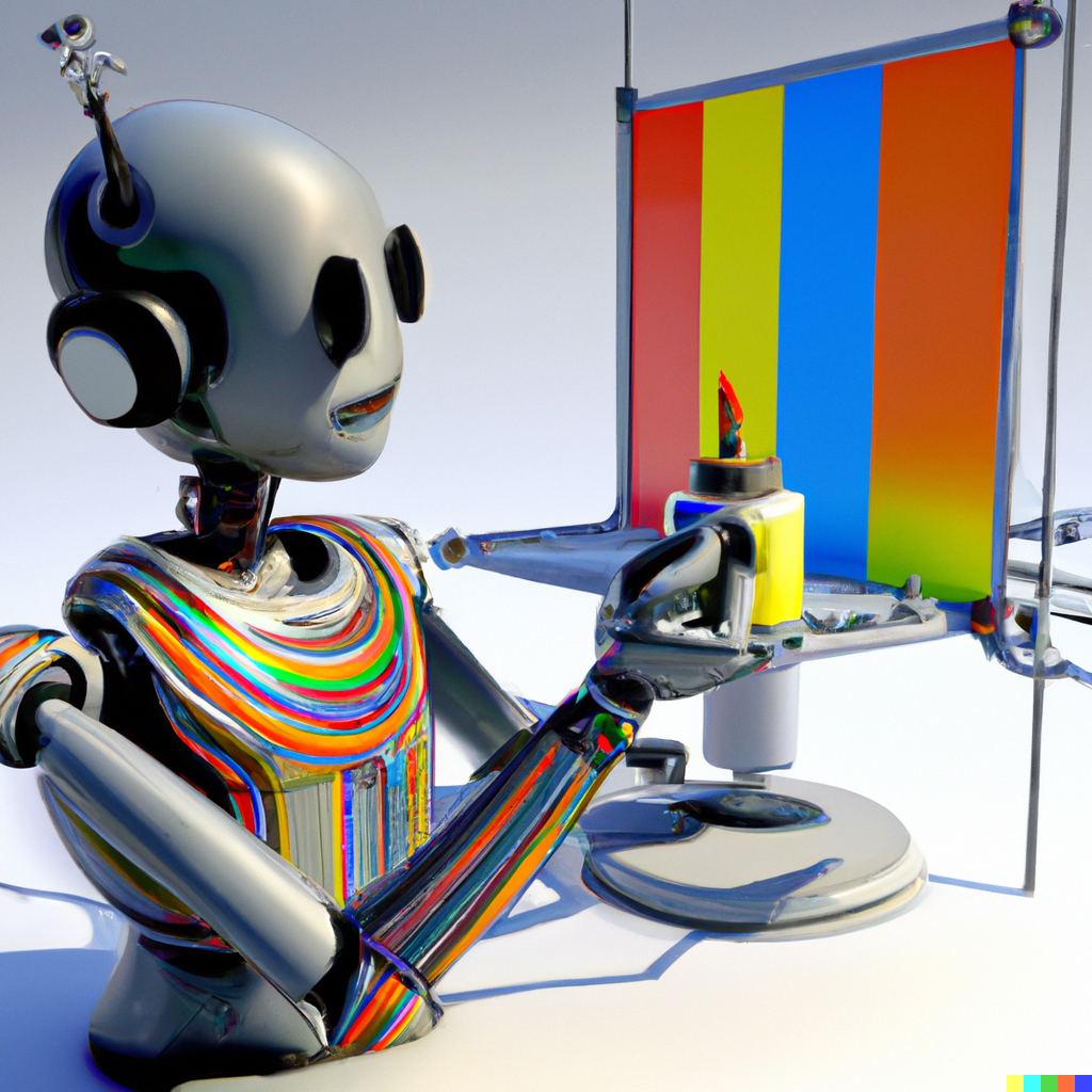 Image créée avec Dall-e grâce au prompt (traduit en français) "Rendu 3D multicolore d'un robot artiste content peignant un humain à côté d'un ordinateur en format panoramique".