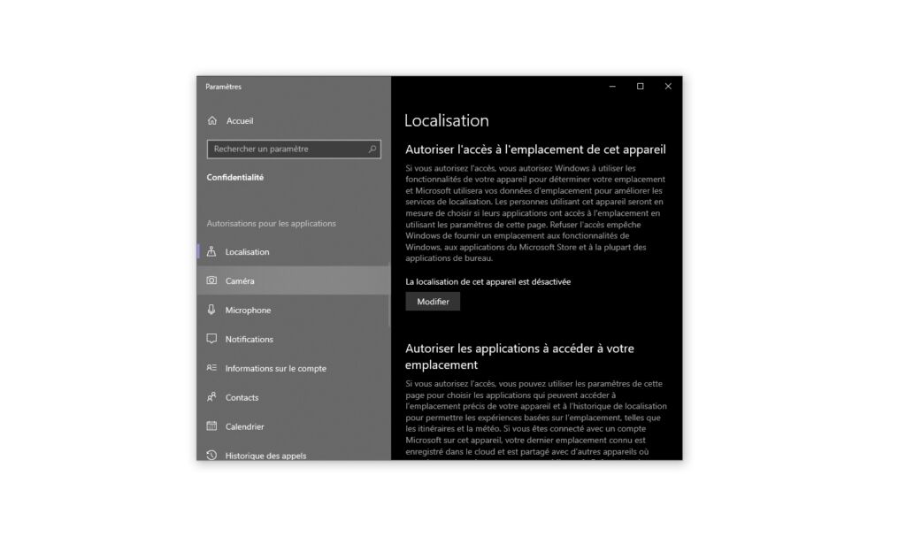Windows 10 paramètres confidentialité