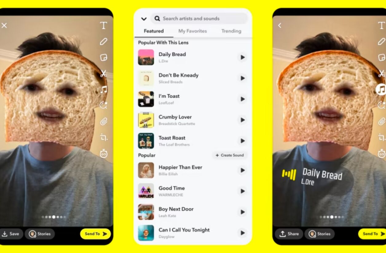 La nouvelle fonctionnalité de Snapchat recommande des musiques utilisées sur le filtre AR sélectionné. 