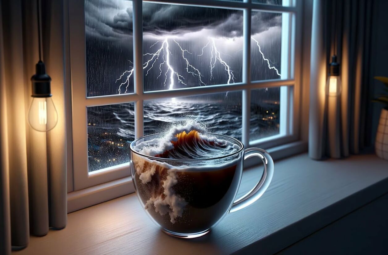 Image générée par Dall-E 3 d'un rendu 3D d'une tasse à café placée sur un rebord de fenêtre pendant une journée de tempête.