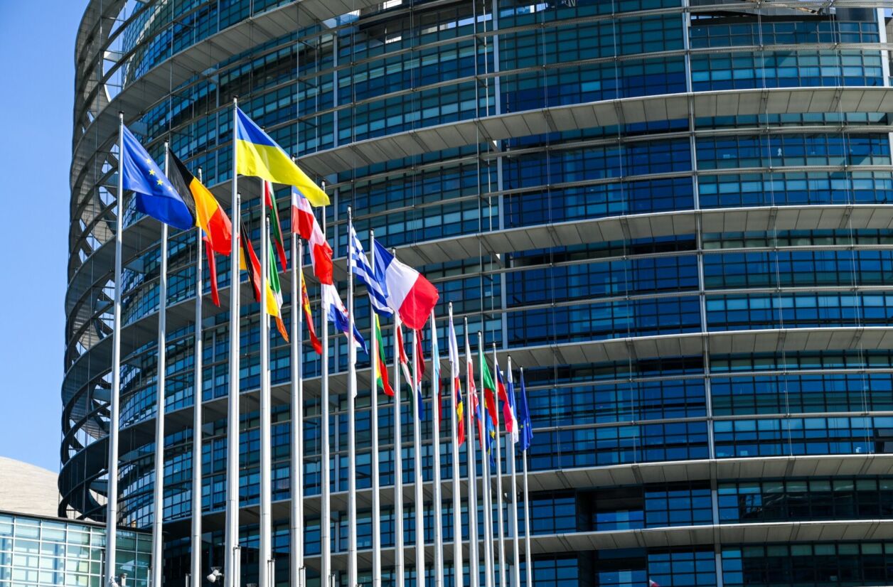 Strasbourg, France, May 2022: Flags of EU members countries in front of The European Parliament. Building of EU Parliament. Institutions of European Union.