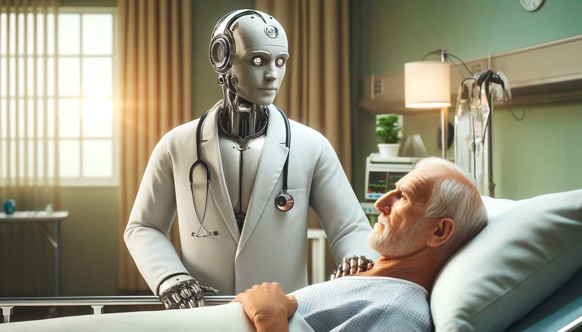 Image d'illustration générée par le biais d'une intelligence artificielle, à laquelle nous avons demandé d'imaginer un robot médecin au chevet d'un patient.