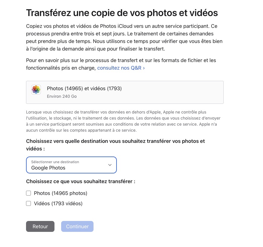 transfert iCloud Google Photos