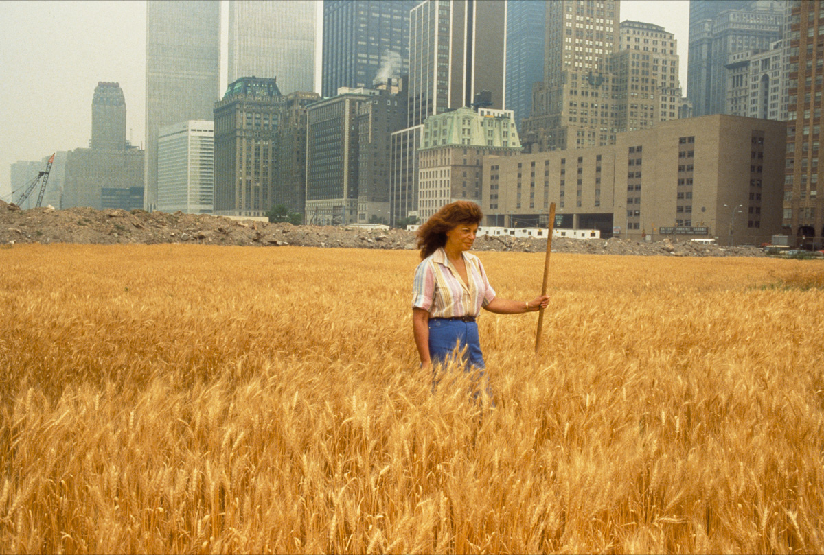 “Champ de blé - Une confrontation : Battery Park Lanfill, Downtown Manhattan“ – Avec Ágnes Dénes debout dans le champ, 1982, photographie de John McGrail. Tirage à développement chromogène, 40 x 50 cm.