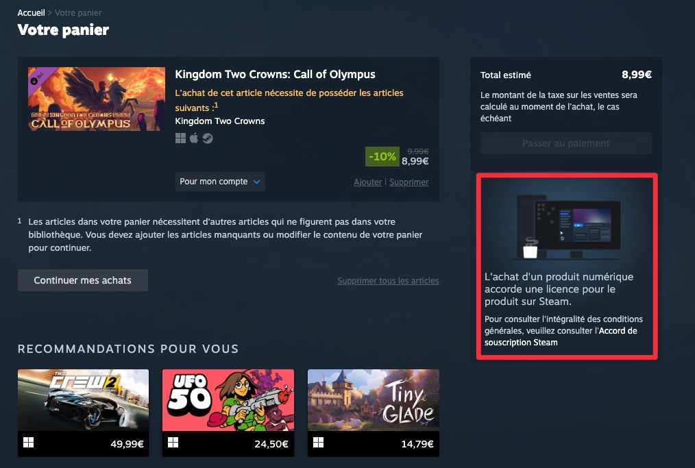 Avertissement d'achat de licence Steam