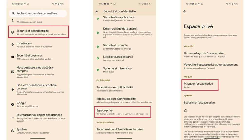 Espace privé Android 15