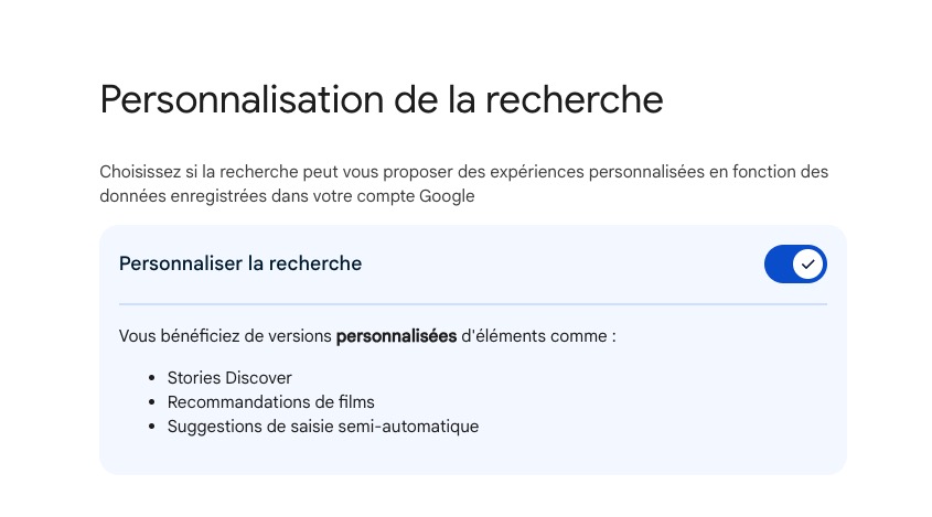 Personnalisation recherche Google