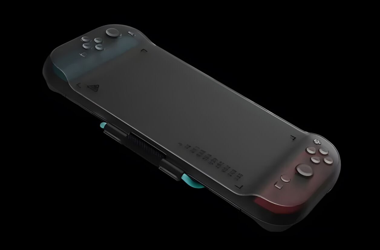 Un rendu 3D de la prétendue Switch 2, nichée dans une coque de marque dBrand