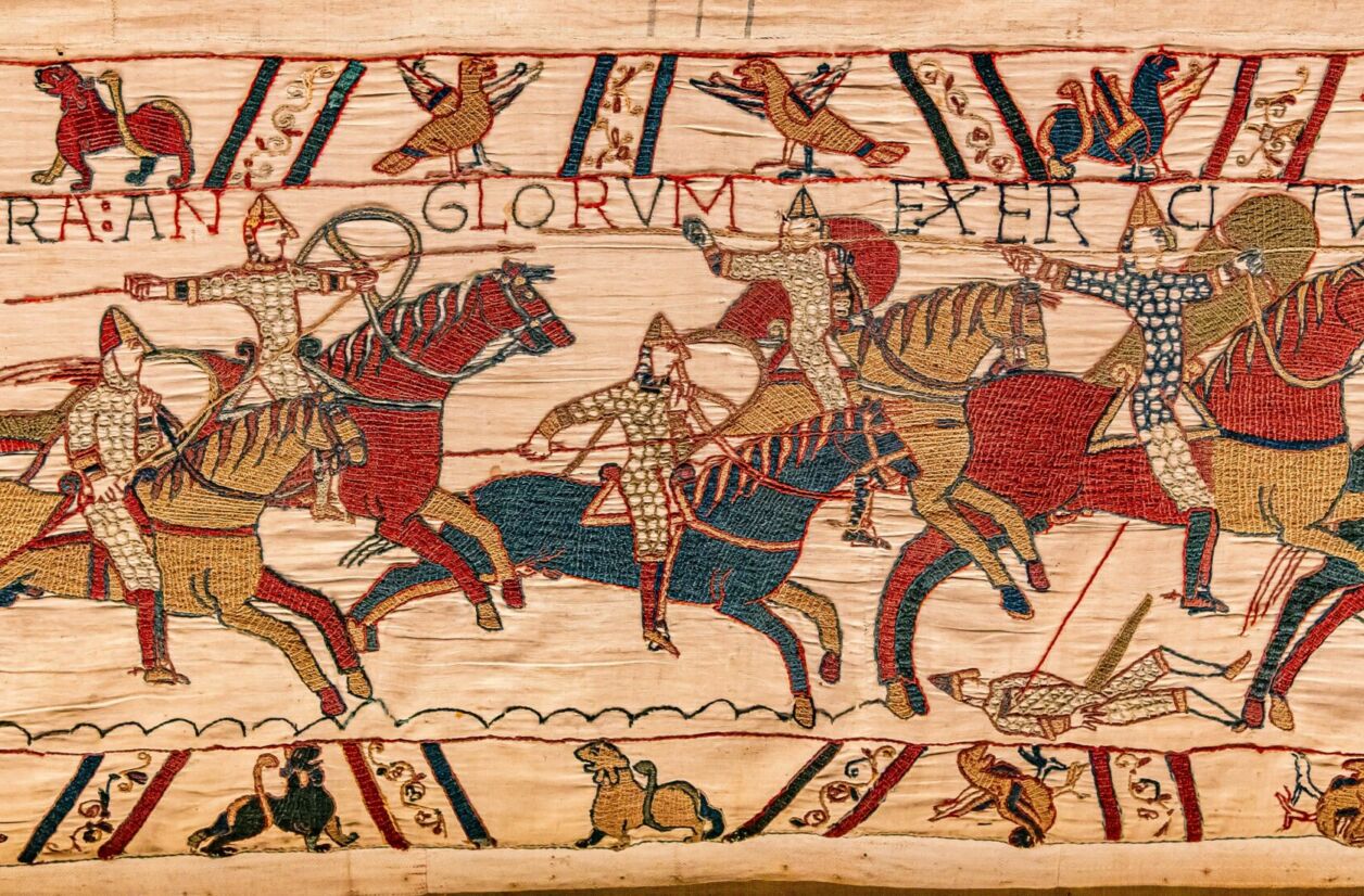 Tapisserie de Bayeux, détail. Illustration de la bataille de Hastings en 1066, conquête normande de l'Angleterre.