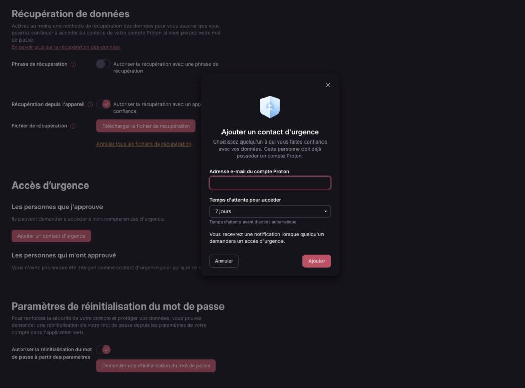 Interface d'ajout d'une personne de confiance sur Proton Mail.