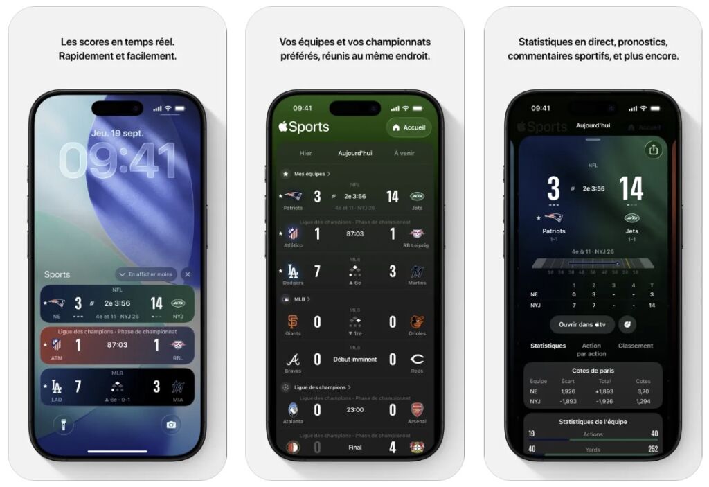 Captures d'écran de l'application Apple Sport.