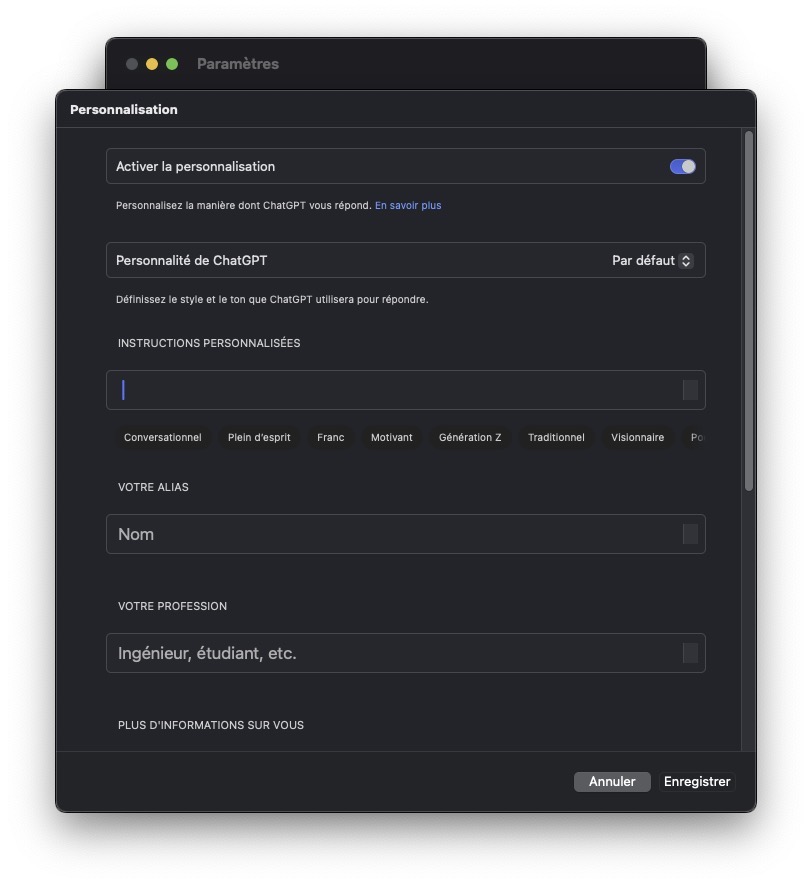 ChatGPT-5 Personnalisation