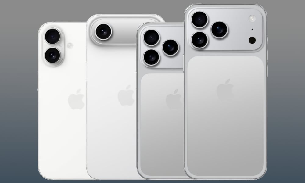 Rendu 3D des supposés iPhone 17, iPhone 17 Air, iPhone 17 Pro et iPhone 17 Pro Max.