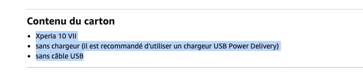 Sony Xperia 10 VII livré sans cable