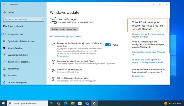 Inscription mises à jour étendues Windows 10