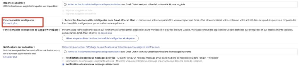 Fonctionnalités intelligentes Gmail