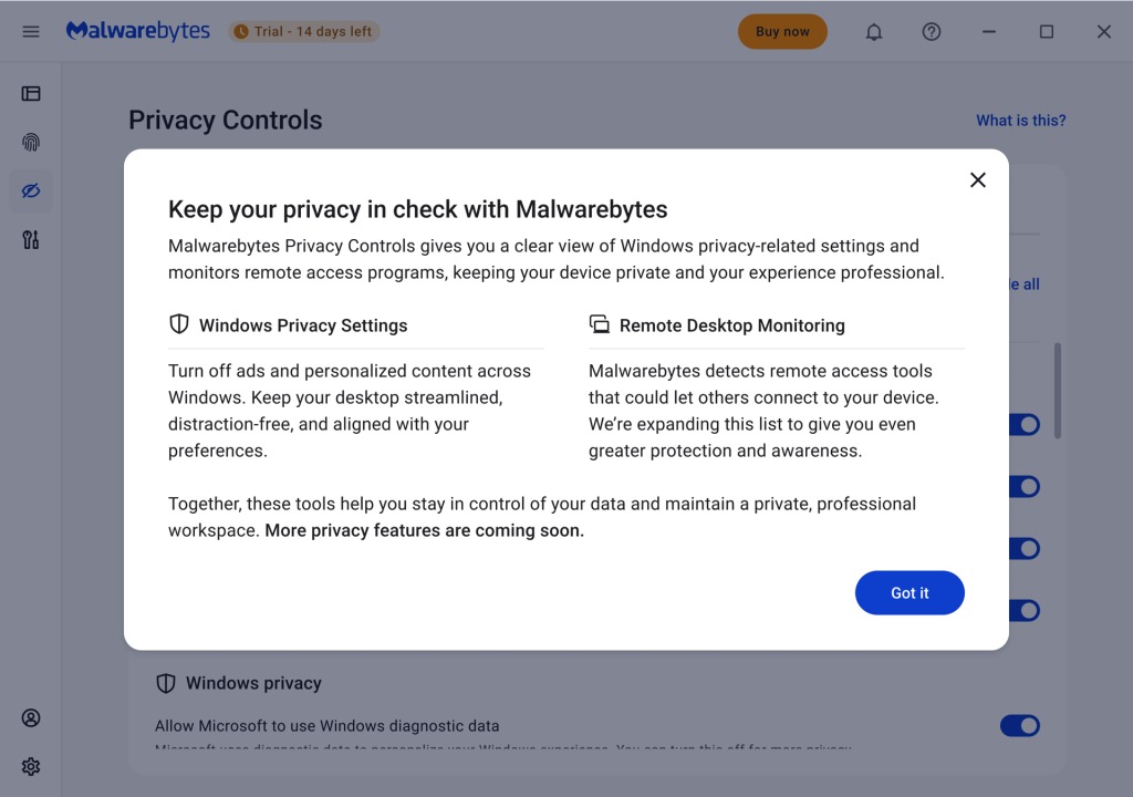 Malwarebytes privacy controls