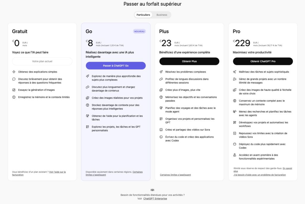 Comparatif abonnements ChatGPT