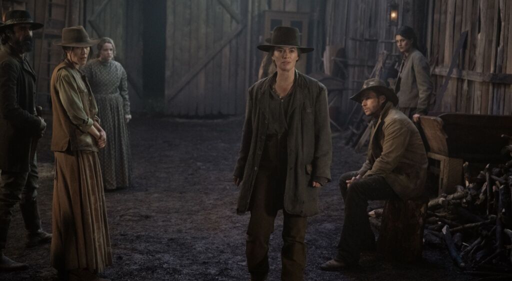 THE ABANDONS. (L to R) Clayton Cardenas as Quentin Serra, Elle-Máijá Tailfeathers as Oma Serra, Katelyn Wells as Samara Alderton, Lena Headey as Fiona Nolan, Nick Robinson as Elias Teller, and Diana Silvers as Dahlia Teller in Episode 101 of The Abandons. Cr. MICHELLE FAYE/Netflix © 2024