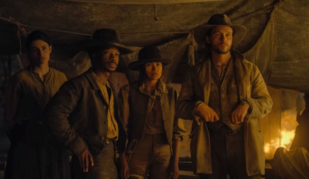 THE ABANDONS. (L to R) Diana Silvers as Dahlia Teller, Lamar Johnson as Albert Mason, Natalia del Riego as Lilla Belle, and Nick Robinson as Elias Teller in Episode 103 of The Abandons. Cr. COURTESY OF NETFLIX © 2025