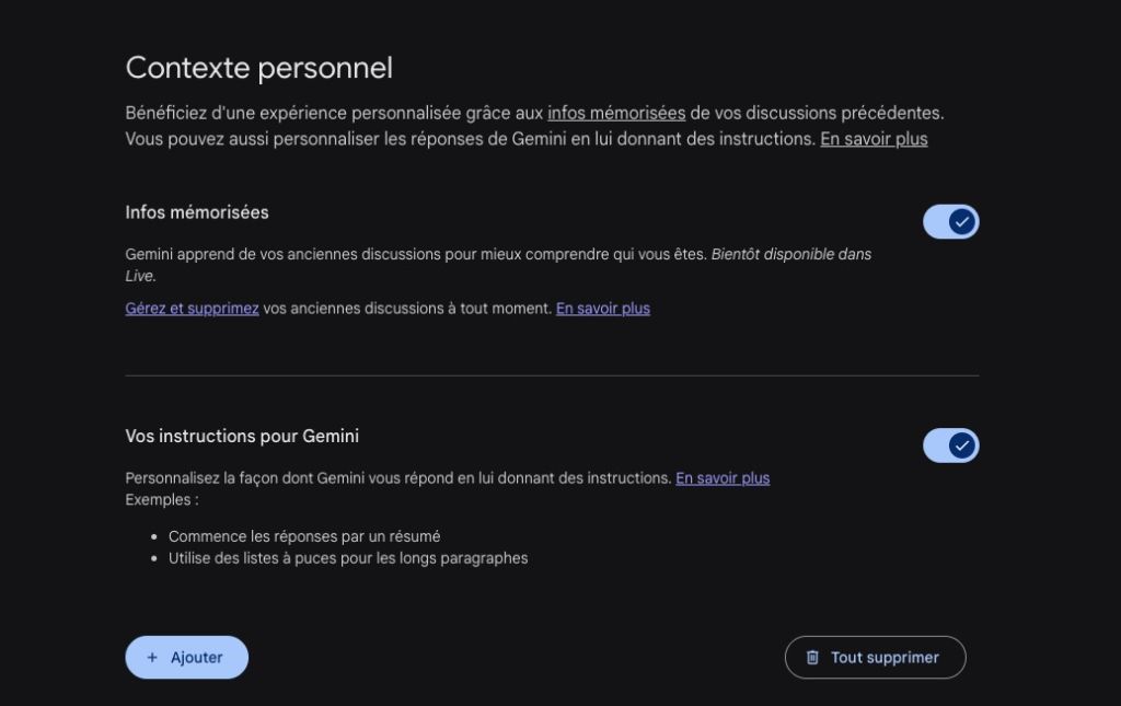 Gemini contexte personnel m&eacute;moire