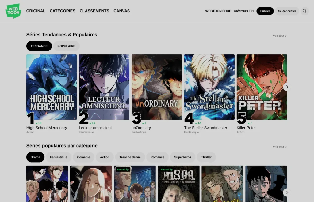 Interface web Webtoon