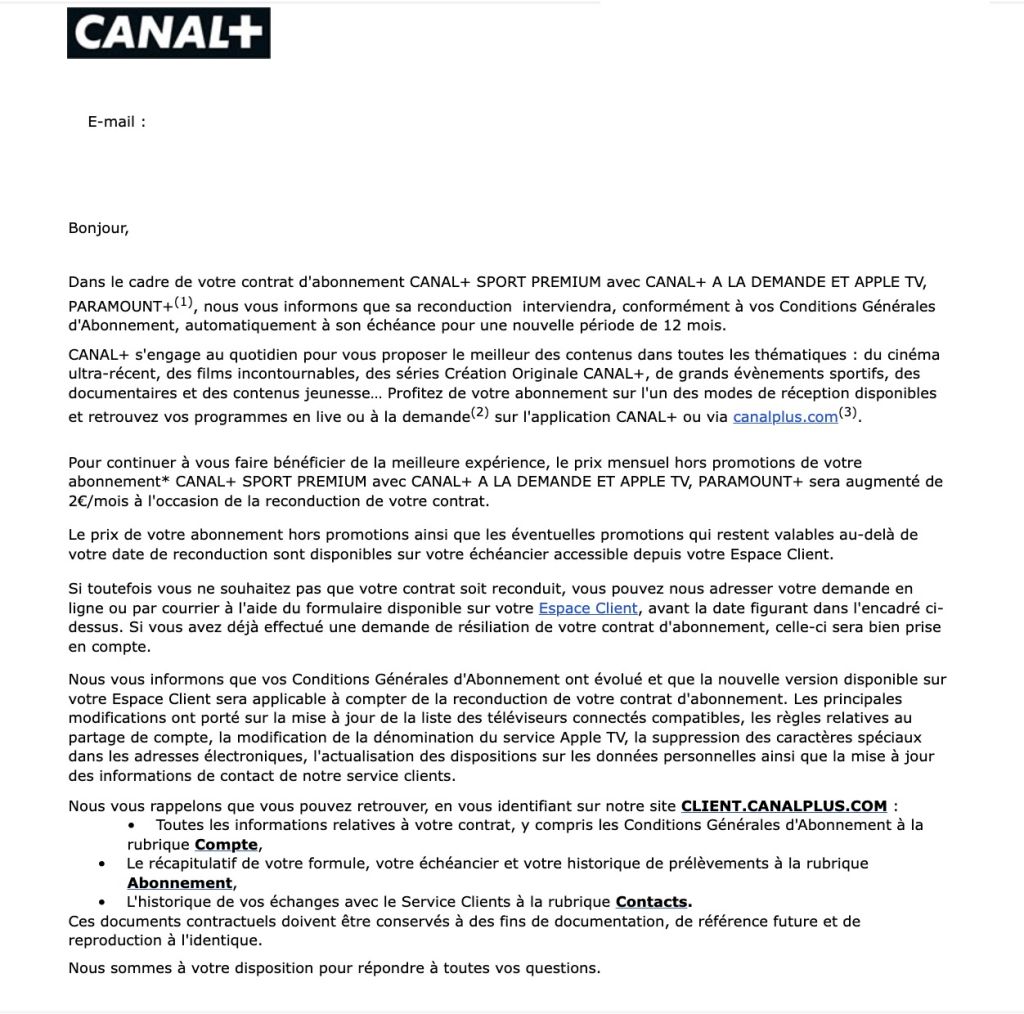 Courrier canal+ hausse abonnement